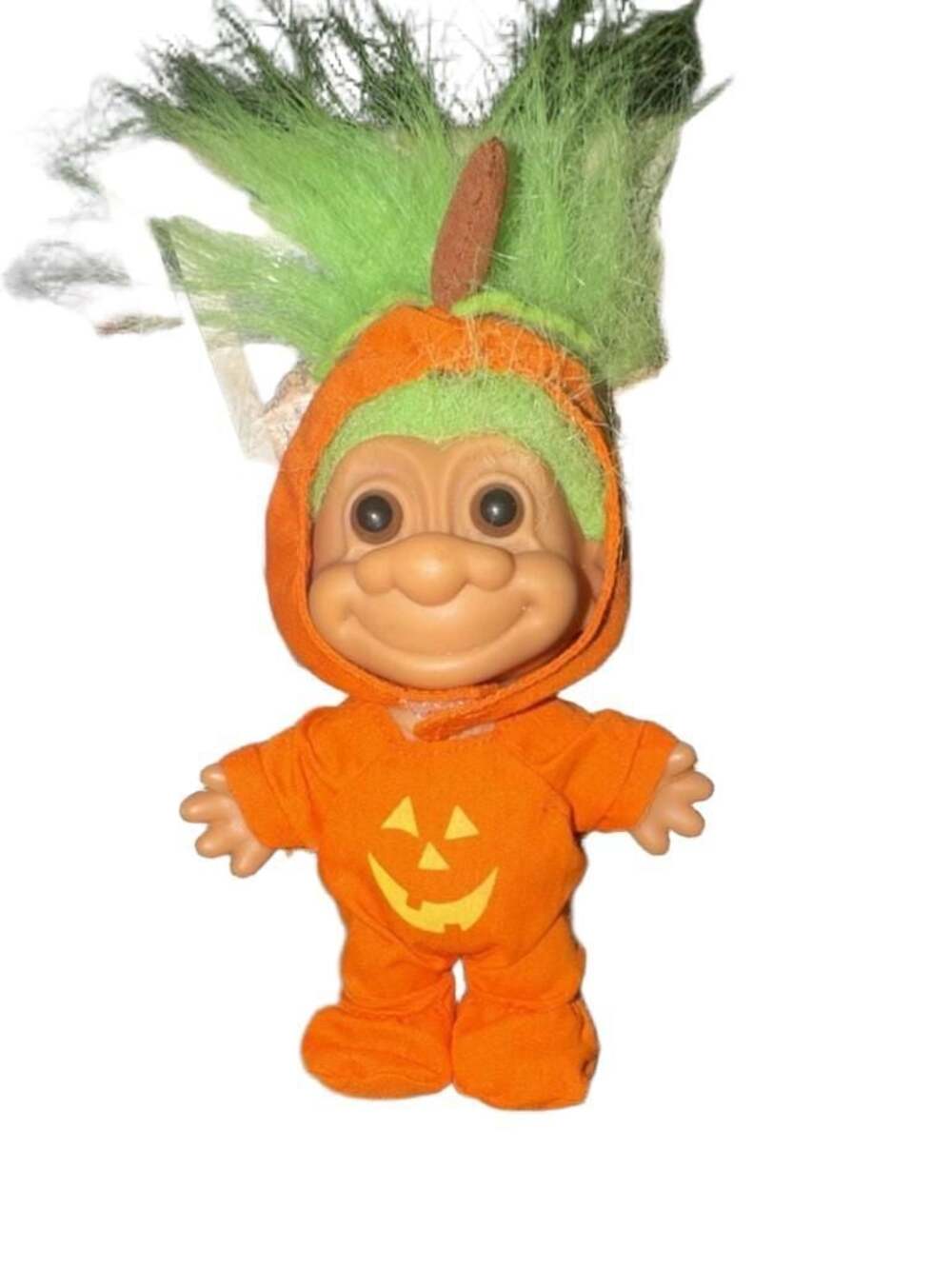 Vintage Russ Berrie Halloween Pumpkin Costume Troll Doll with Green Hair